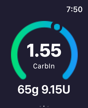 Mirri One on Apple Watch showing a CarbIn of 1.55 from 65 grams of carbs and 9.15 units of insulin